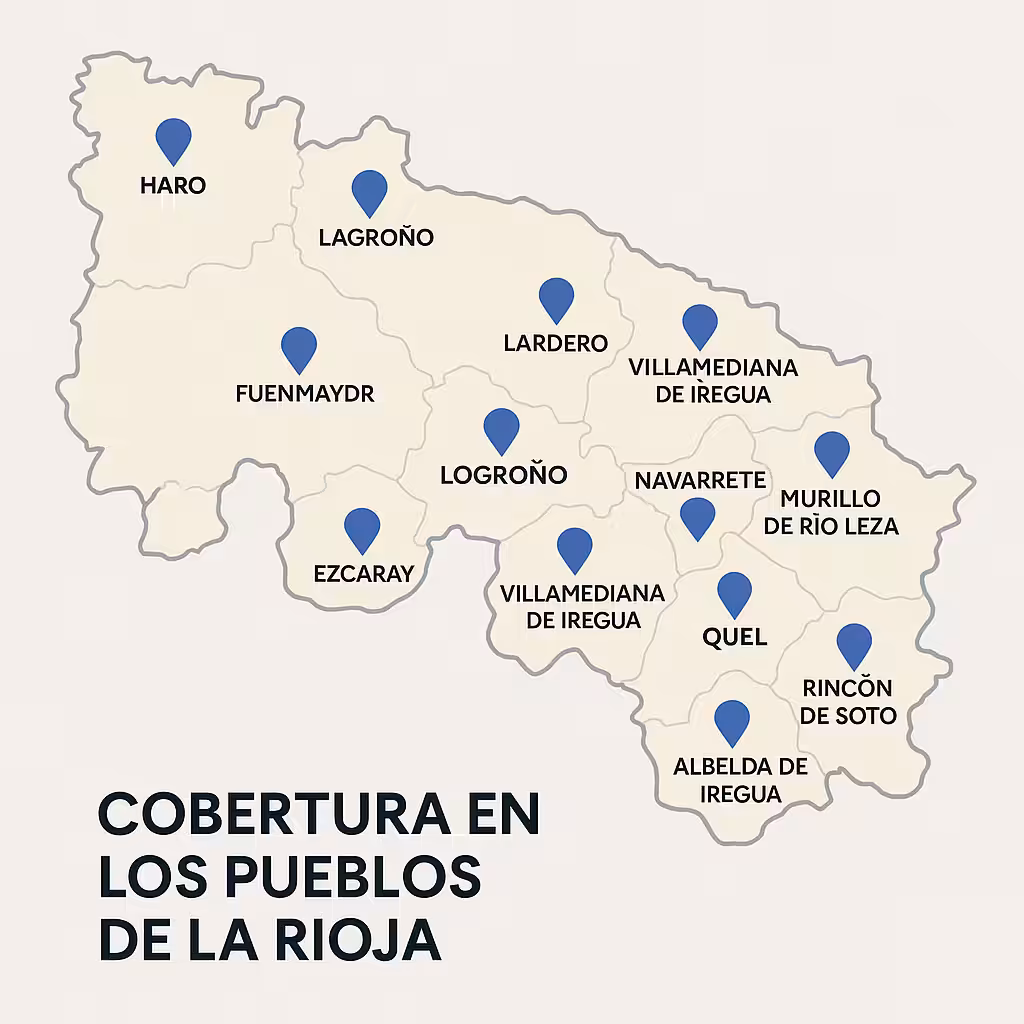Mapa de La Rioja con marcadores azules que indican los municipios cubiertos por el servicio de Persianas Juanma, incluyendo Logroño, Haro, Nájera, Calahorra, Arnedo y otras localidades destacadas.