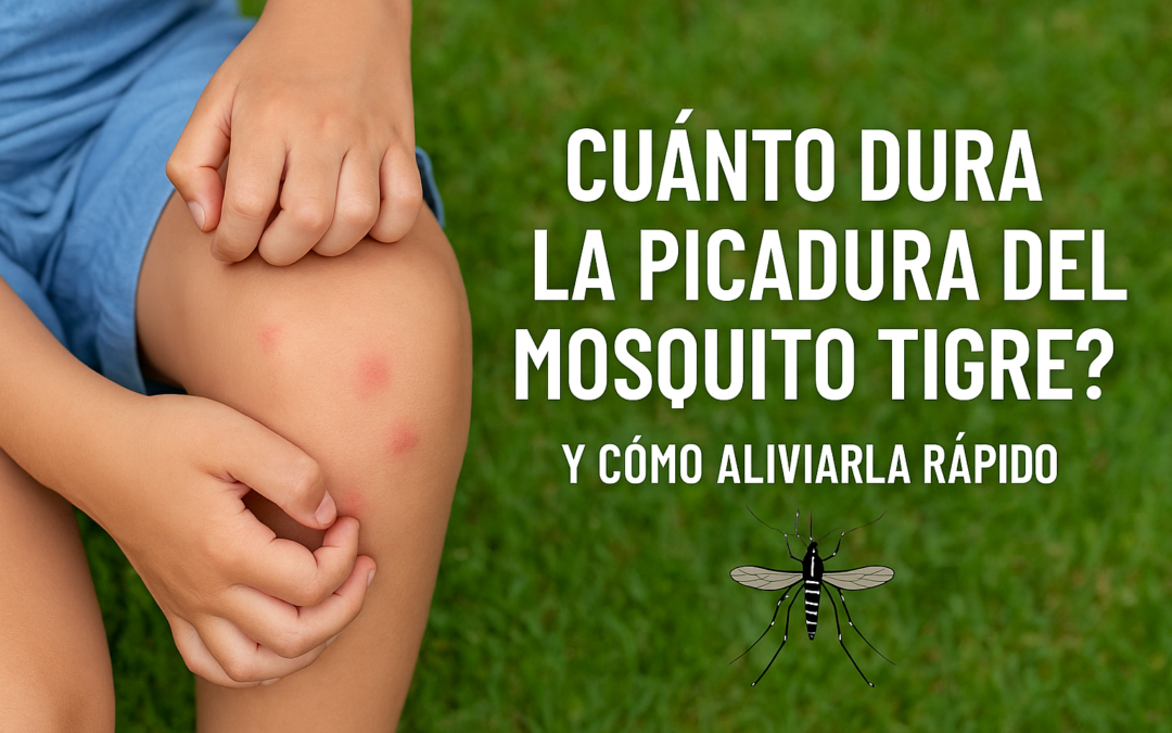 Pierna de un niño con picaduras de mosquito tigre en un entorno natural, con texto informativo superpuesto.