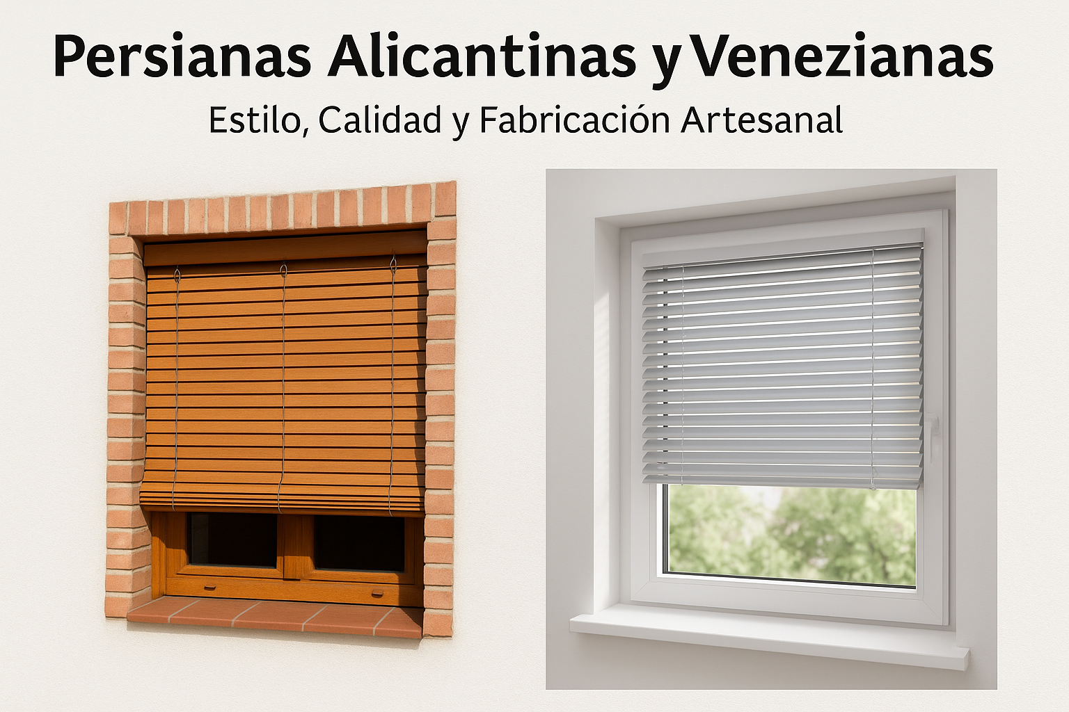 Comparación visual entre una persiana alicantina de madera y una persiana veneciana metálica en entornos reales.