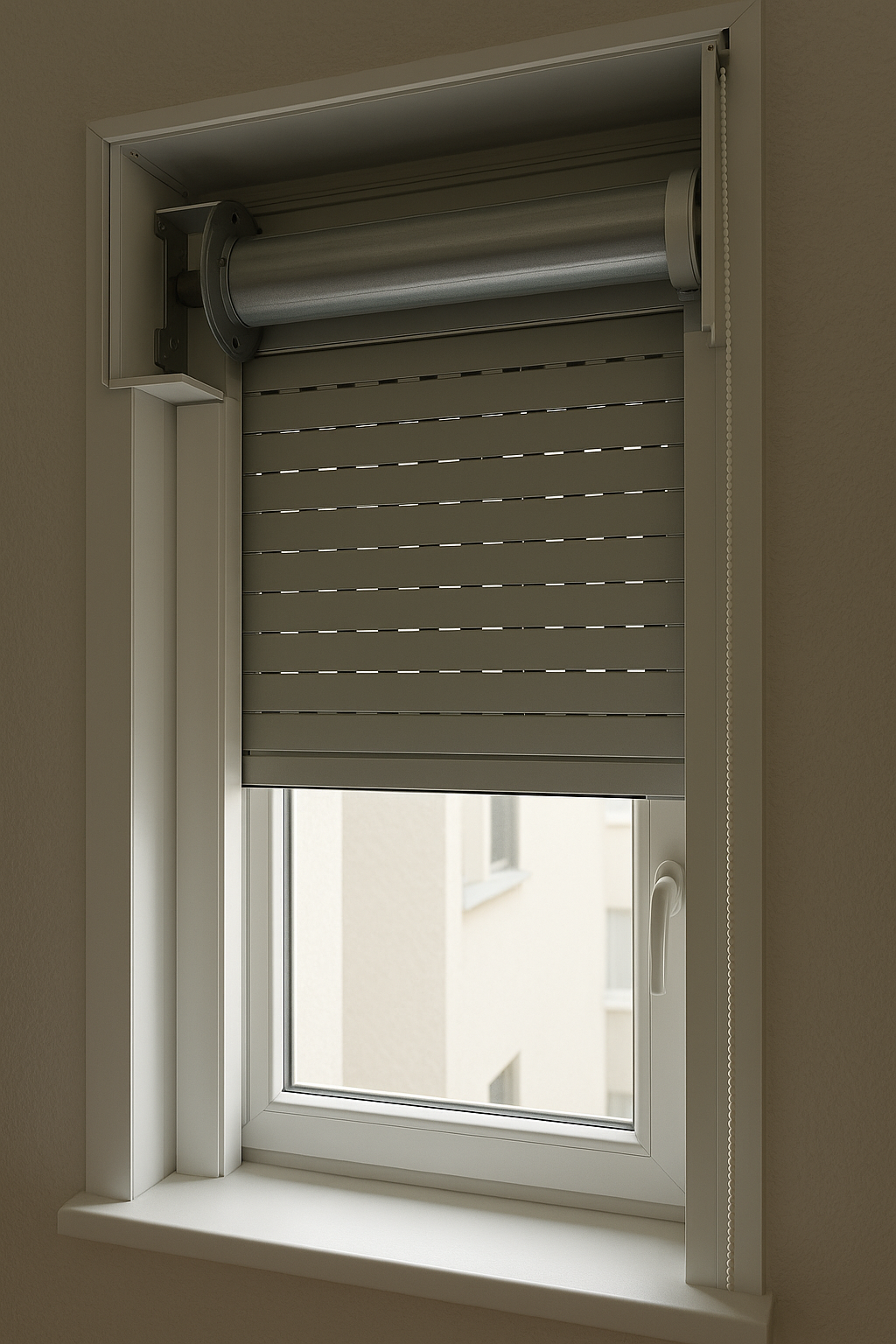 Interior de una casa con ventana de PVC y persiana enrollable parcialmente bajada, mostrando el tambor y el sistema de cadena.