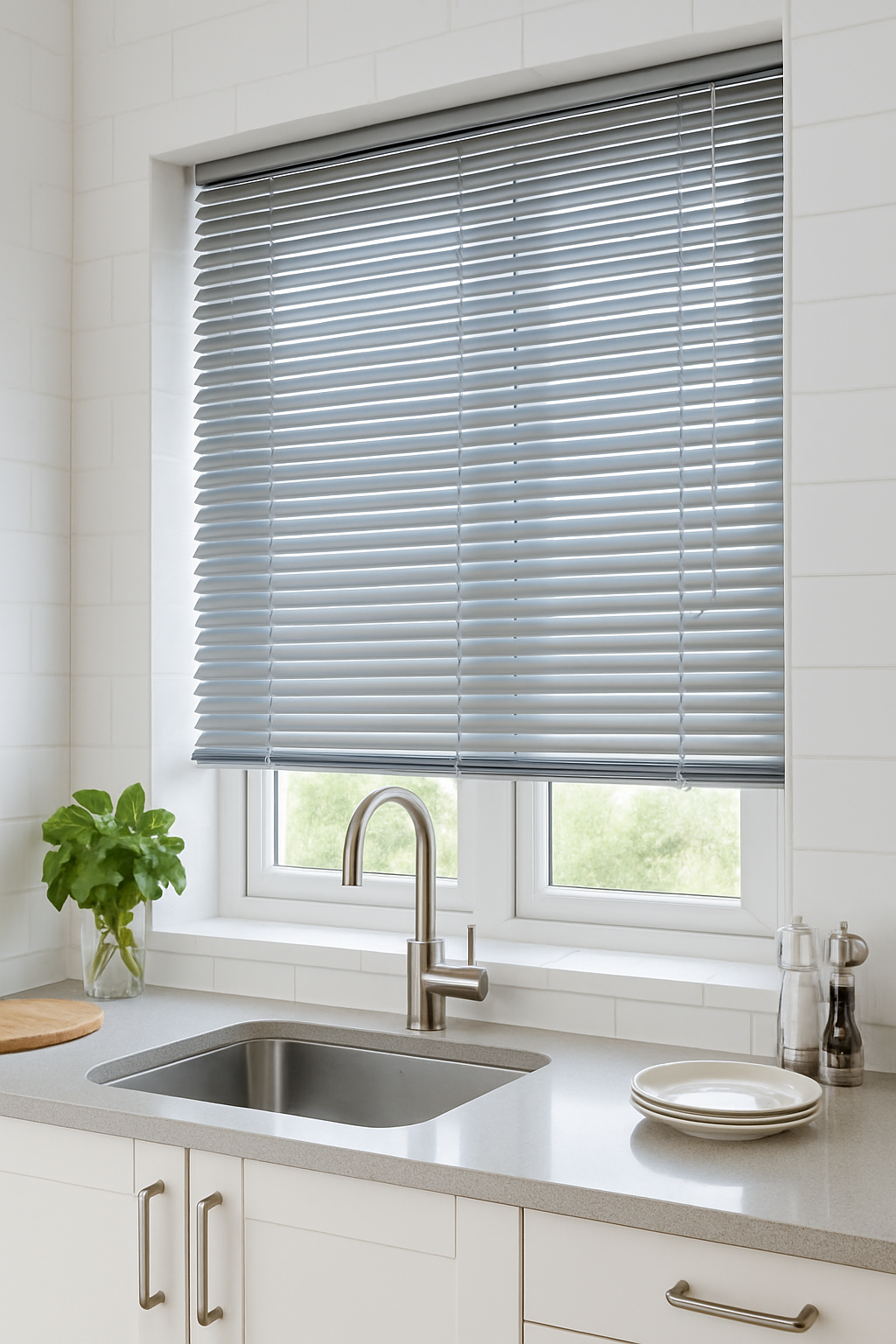 Persiana veneciana de aluminio en una cocina moderna con ventana grande y luz natural.