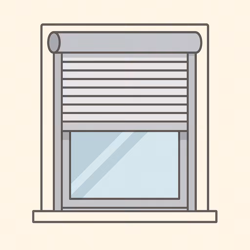 persiana Ventana con persiana enrollable gris parcialmente cerrada, ilustrada en estilo plano minimalista.