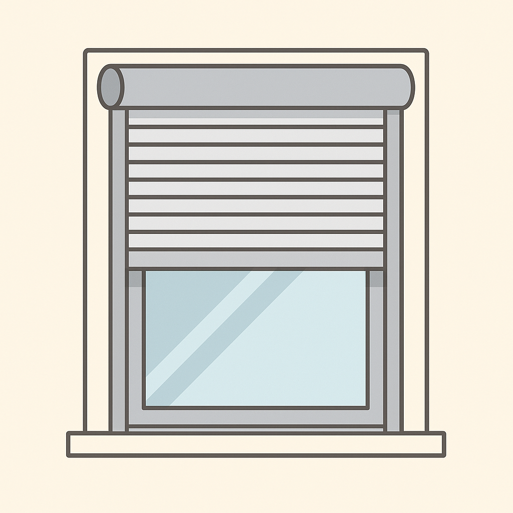 Ventana con persiana enrollable gris parcialmente cerrada, ilustrada en estilo plano minimalista.