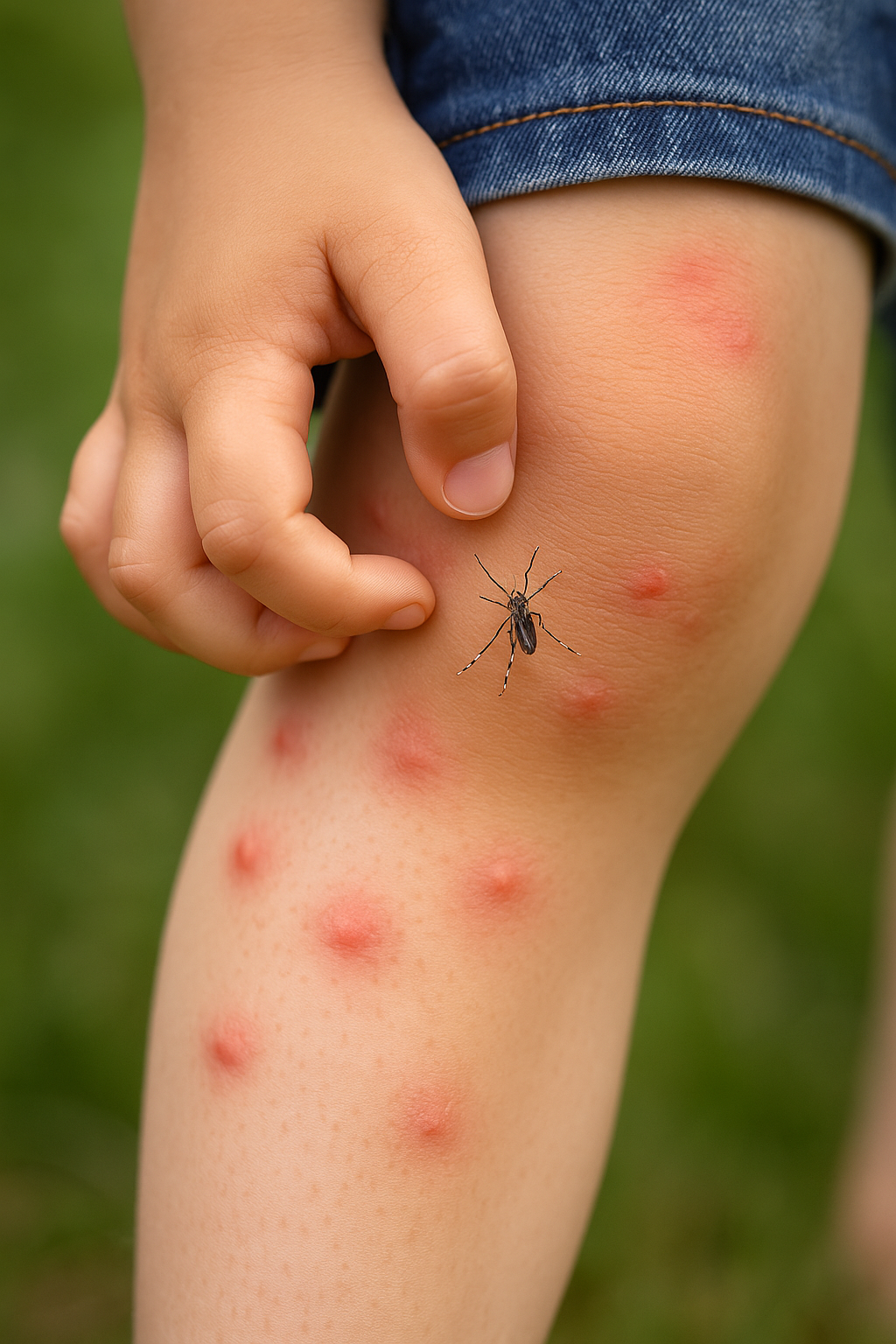 Pierna de un niño con múltiples picaduras rojas de mosquito tigre, en primer plano.