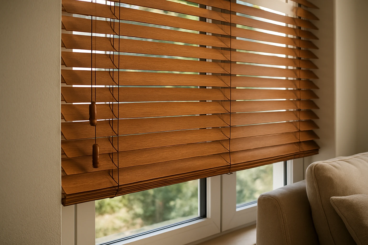 Persiana veneciana de madera natural con lamas de 50 mm y múltiples acabados